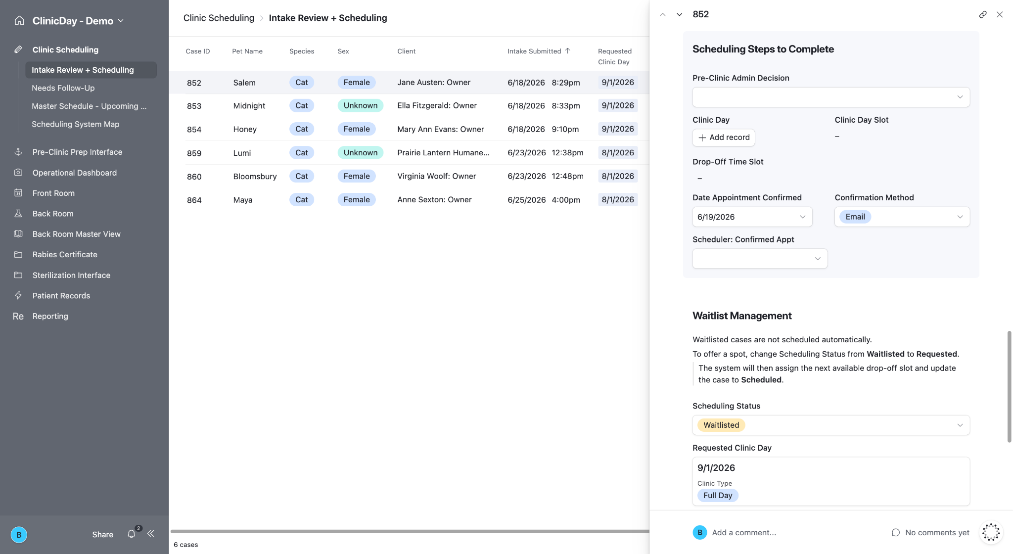 ClinicDay Intake Review and Scheduling view showing appointment requests, waitlist status, requested clinic dates, visit types, and requested services.
